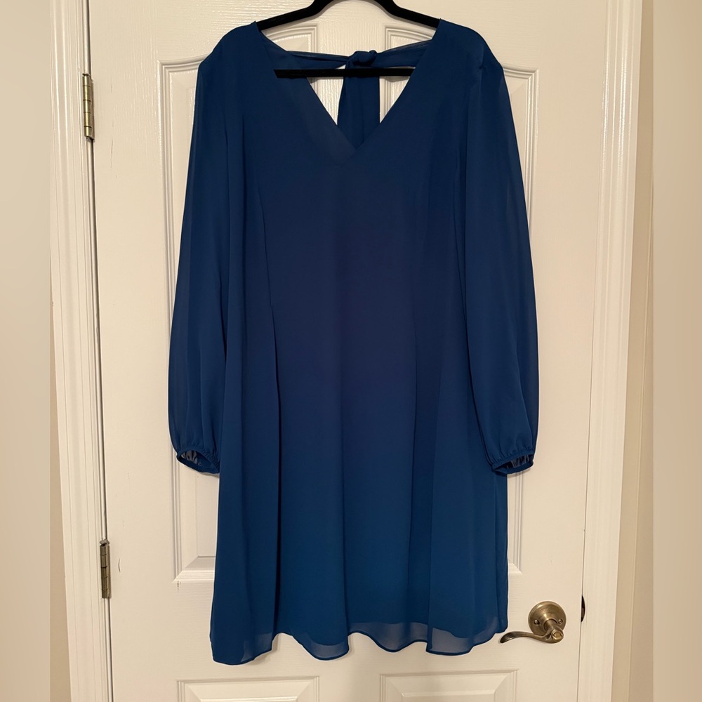 I.N.C | International Concepts Blue Shift Dress XL Long Sleeve V Neck Bow Back - Picture 4 of 9